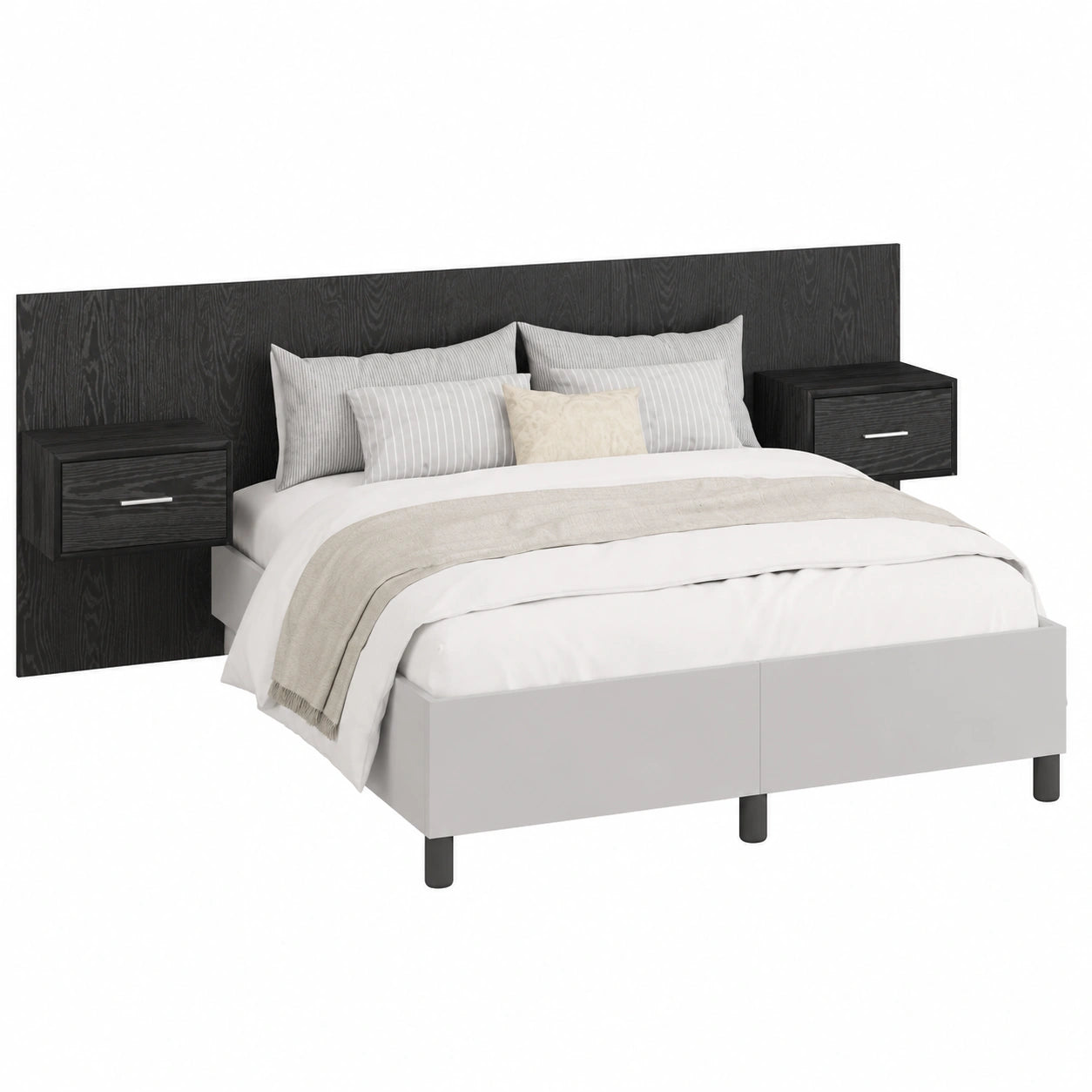Lit, en chêne et métal, avec rangement, coloris noir, 3 pièces, pour la chambre