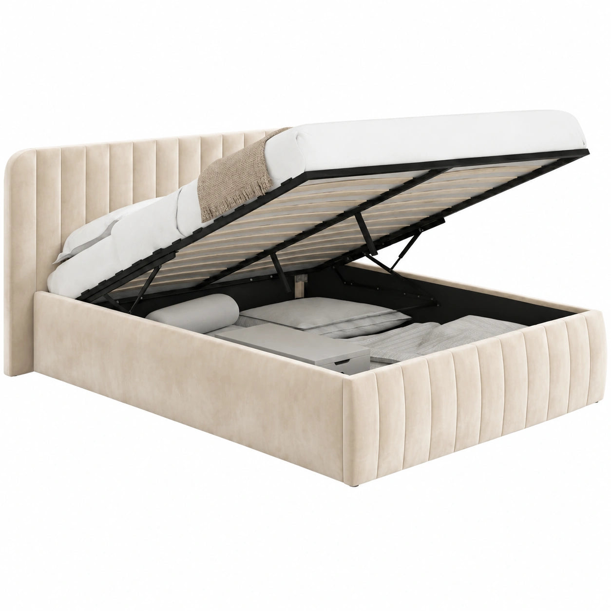 Lit coffre, avec sommier, en velours, coloris beige, 140 x 190 cm, pour la chambre