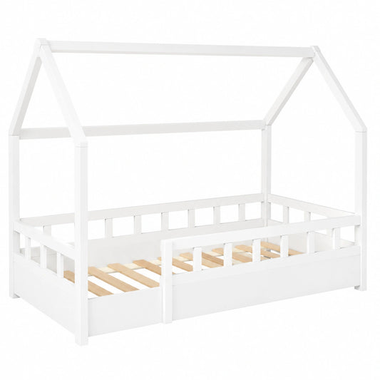 Lit cabane, avec barrière, avec sommier, coloris blanc, 80 x 160 cm, pour la chambre d’enfant