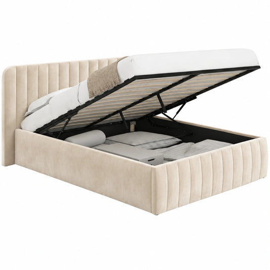 Lit coffre, avec sommier, en velours, coloris beige, 140 x 190 cm, pour la chambre