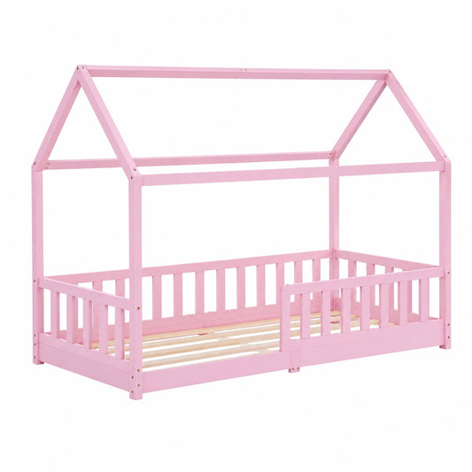 Lit cabane, avec sommier, en bois massif, coloris rose, 90 x 200 cm, pour la chambre d’enfant
