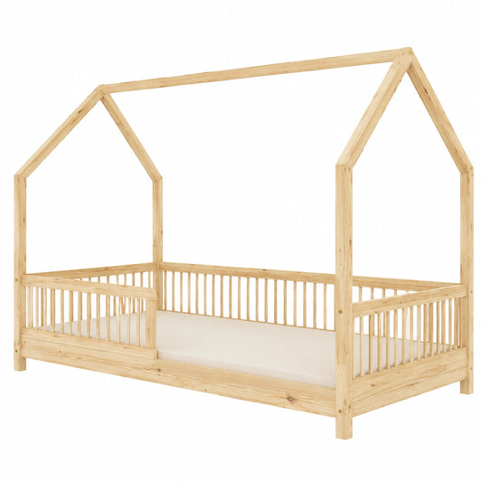Lit cabane, réglable, avec barrière, 190 x 90 cm, coloris naturel, pour la chambre d’enfant