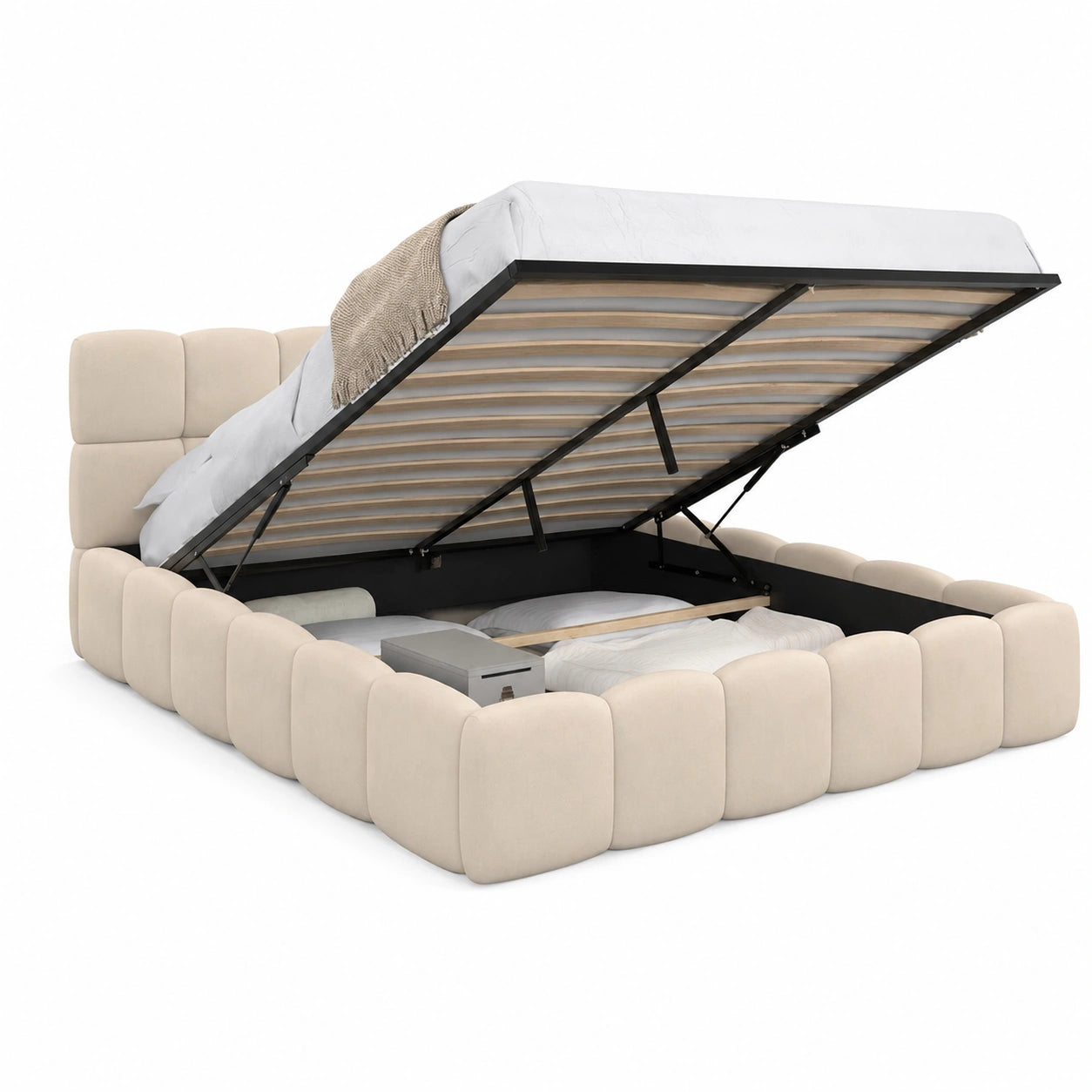 Lit coffre, avec sommier, en velours, coloris beige, 160 x 200 cm, pour la chambre
