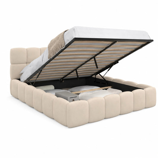 Lit coffre, avec sommier, en velours, coloris beige, 160 x 200 cm, pour la chambre